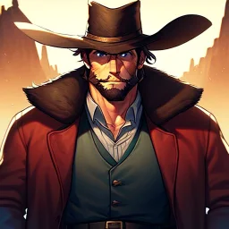 Portrait, Bearded, gunslinger, with short brown hair, serious blue eyes, wild west Coat