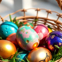 digital photograph of off-center modern basket colorful Easter eggs. eggs display intricate textures in azure, emerald, blush, crimson, sapphire, and gilded metallic hues. cinematic HDR backlighting highlights subtle dimples and glossy reflections, with shallow depth of field softening the sunlit background. hyperrealistic 8k resolution,