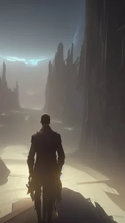 narrow pathway with sci-fi landscape and man looking down