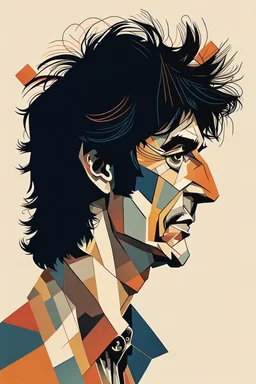 a highly detailed, abstract flat geometric 3/4 profile portrait illustration of Ronnie Wood in the minimalist style of Willi Baumeister, Federico Babina and Petros Afshar, sharply detailed and finely lined, in vibrant natural colors