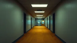 liminal office hallway with worn yellow carpet, repetitive architecture of identical rooms, flickering fluorescent lights, the corridor curves upward impossibly, a glowing vending machine in the distance, silent unsettling atmosphere, backrooms aesthetic, hyper realistic photography, wide angle