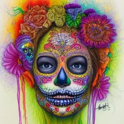 high-quality, fine-detail melted crayon drawing of realistic day of the dead painted face, flowers, artwork, 8k, intricate, detailed, ornate, illustration, brian froud, howard lyon, george grie, ben goossens, anna dittman, jeffrey robert, don marco