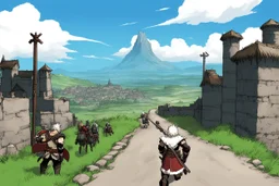 [wii No More Heroes style with thick lines] When the last huddled village fell behind him, Conan left the road, which was beginning to bend toward the northwest, toward the distant passes. To keep to the road would mean to pass by border towers, still garrisoned with armed men who would not allow him to pass unquestioned.