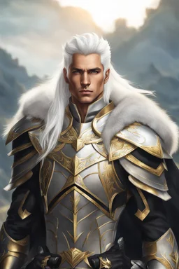 Male Tan Human, White Hair, Handsome Face, Black and Gold Armor.