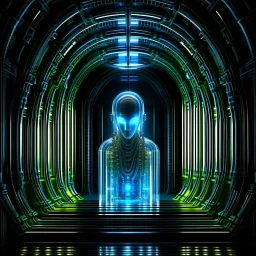 portrait of transparent chat robot in mega vial, the style of giger, in front of teleporter portal to the sea in an underground grove, in the style of dali, 8k, down-light, soft light, depth of field, photo realism, trending on art station, high detail