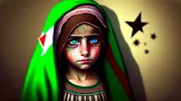 A girl wearing a Palestinian dress with tears in her eyes Her eye color is green Its color is brown Carrying the Palestinian flag