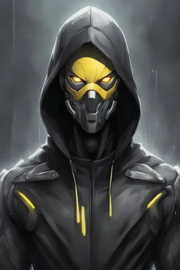 киборг, одет в черное пальто с капюшоном, маска только с желтыми узкими глазами, пальто растегнутое, маска закрытая