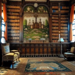 A library with fairytale books tapestry painted by Bishop Odo