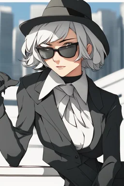 manga, anime, drawing, art, cartoon, perfect body, perfect hands, perfect face, perfect eyes, perfect arms, perfect cowboy hat, mafia woman, female mafia,, short hair pixie cut shaved side, black suit and tie, sunglasses, badass, cool, attractive