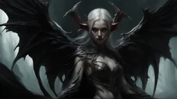 Demonic Elves with Wings,, Full Body Shot, Hyperrealistic, Photorealistic, Instant Details, darkness, by Raymond Swanland & Alyssa Monks & Anna Razumovskaya