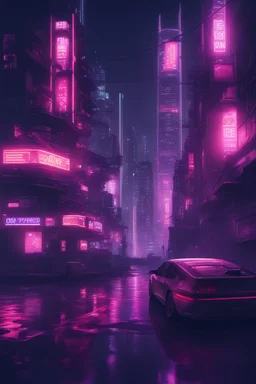 A realistic photo of a cyberpunk cityscape at night characterized by a vivid and neon lit urban environment. High quality. High resolution.