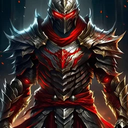 silver and gold armor with glowing red eyes, and a ghostly red flowing cape, crimson trim flows throughout the armor, the helmet is fully covering the face, black and red spikes erupt from the shoulder pads, crimson hair flowing out of the helmet, spikes erupting from the shoulder pads and gauntlets