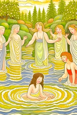 Make a picture of seven angels bathing in the river