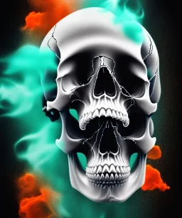 realistic skull. watercolor and ink. black background. smoke and explode. particles in air. teal and orange