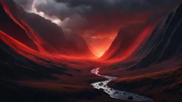 A valley with a crack in the side full of hot magma. dark fantasy concept art, exquisite realism, a masterpiece, dynamic lighting, hyperdetailed, intricately detailed, deep color, Unreal Engine, volumetric lighting , Epic cinematic brilliant stunning intricate meticulously detailed dramatic atmospheric maximal,