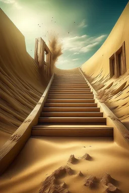 sand is crumbling from behind, walking down a long open staircase that goes into the sky, sand is flying, surrealism, stardust, fantastic, fantasy, hyper realism, realistic, 4000 k, iso 4064, hdr, 5 d, hyper detail, photorealistic painting, aesthetically pleasing, beautiful, professional photo, bright lighting, soft lighting, neon lighting, careful drawing down to small details, bright sparks, golden sand glows, ultrahd