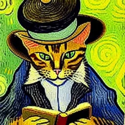 oil portrait of a cat with hat reading a book and smoking with wooden tobacco pipe by Van Gogh