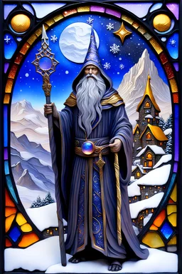 3D embossed textured ethereal image; bleak, dismal style, midnight hues, black, blue, purple, copper, yellow, gold, silver; celestial wizard hermit with a detailed, wizened old face and an ornate staff stands on a snowy cliff gazing across a celestial valley at a faraway village; stained glass, agate with silver foil highlights, snowflakes, sparkles, full moon, nebula sky, stars, pearls, shooting stars, sequins, cut gemstones, beads, glitter, crystals, sharp lines, extreme attention to detail