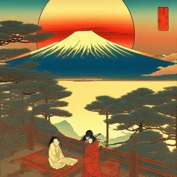 Ukiyo-e Style , mount fuji, sun set