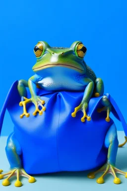 a frog wearing a blue ikea bag like pants