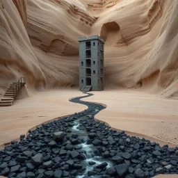 Fotografia iperrealistica di una spianata circondata da pareti lisce, con terreno argilloso e calcareo, e un piccolo un corso d'acqua che scorre su un letto di rocce scure. Al centro c'è un edificio contorto a più piani di colore grigio. Su una parete a sinistra si aprono delle scale che scendono verso il torrente