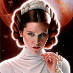 extremely detailed 8k hyperspace wallpaper,complete and photo realistic detailed head to waist stunning photo realistic portrait of carrie fisher as Princess Leia in star wars with photo realistic fine but luxurious hair, brown eyes, professional majestic photo realistic painting by Ed Blinkey, Atey Ghailan, by Jeremy Mann, Greg Manchess, Antonio Moro, trending on ArtStation, Intricate, High Detail, Sharp focus, dramatic, by greg rutkowski, realism, beautiful and detailed lighting,