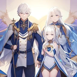 Twins, boy and girl, white hair, silver eyes, royal hall background