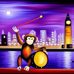 A monkey playing the drums, london skyline at night, oil painting