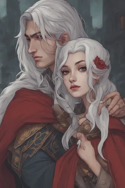 A couple from the dnd game curse of Strahd kissing. She has white hair he has long black hair.