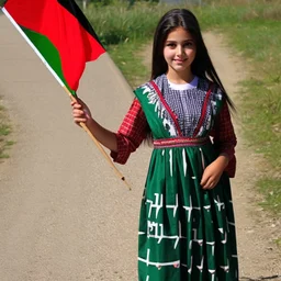 A very beautiful girl carrying a large Palestinian flag in her hands and waving it while wearing a keffiyeh and an embroidered Palestinian dress.