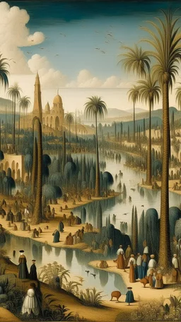 Bosch paint style nightmare, a city with date palms trees and river and people