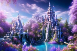 luminous white crystal castle,fountain, sun,swanns,waterfall, BLUE LAKE, SWANNs,blue bugainvillier flowers, jacaranda violet trees, sky pink blue, full of details, smooth, bright sunshine，soft light atmosphere, light effect，vaporwave colorful, concept art, smooth, extremely sharp detail, finely tuned detail, ultra high definition, 8 k, unreal engine 5, ultra sharp focus