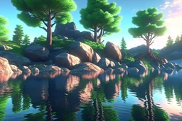 Trees, rocks, epic, sci-fi, Lake, lake reflections