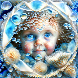 Beautiful happy seashell child with intense blue eyes, fish scales, fantasy, portrait, seafruits, starfish, shells, net, bubbles,.Jean-Baptiste Monge style, 3D, optical illusion, surreal, a masterpiece, razor-sharp focus, dynamic lighting, watercolour and ink no text, no watermark Modifiers: Award winning photography 8k oil on canvas photorealistic beautiful high detail dynamic lighting fantastic view close up colourful hdr very cute cinematic postprocessing Alphonse Mucha focused watercolor al