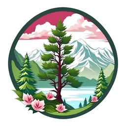 Rhododendron branch, Cedar tree, mountain river, vector emblem