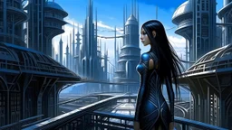 Exotic sci-fi skinny girl, with long dark hair, in an alien city, tall spires, buildings, bridges, and arches