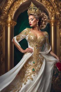 Photography Queen wearing a magical gown of swirly flowing marble water gold filigree curlicues, flowering flowers, bloom, sparkle, ornamental gilt, diamonds, rubies, emeralds, sapphires, beautiful, delicate, intricate, elegant, graceful, shiny, Hyperrealism, Rococo, expressive, spherical, zoom out, volumetric lighting