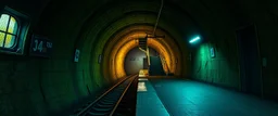GAME CONCEPT ART .two poin perspective.Station platform and stairs from side .photograph inside of hole .very big ambient.gient station.Inside the old subway tracks, . Low light and closed green moss walls. Like the original design of the game space ,digital art.landscape,far camera old painting,2 Chen and George Hopper, Rembrandt lighting, a dark green color scheme, . --ar 13:16 --v 6. 0 metro game