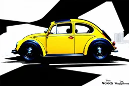 volks wagen beetle , classic model, paint shining yellow and black, big wheels, aerodinamic kit, rendering pixar style, tiny fashion