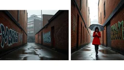 Diptych of a daunting alley during a rainy afternoon, puddles on the ground, a female figure of Asian descent in a red raincoat walking with an umbrella, tall brick walls covered in graffiti, droplets falling from the edges of a roof.