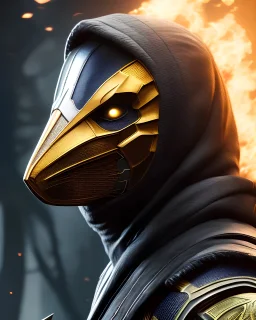 Scorpion, mask cover whole face and hood , mortal kombat 11, highly detailed, hyper-detailed, beautifully color-coded, insane details, intricate details, beautifully color graded, Cinematic, Color Grading, Editorial Photography, Depth of Field, DOF, Tilt Blur, White Balance, 32k, Super-Resolution, Megapixel, ProPhoto RGB, VR, Half rear Lighting, Backlight, non photorealistic rendering