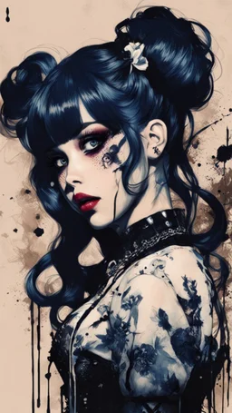 Poster in two gradually, a one side malevolent goth vampire girl face and other side the Singer Melanie Martinez face, full body, painting by Yoji Shinkawa, darkblue and sepia tones,