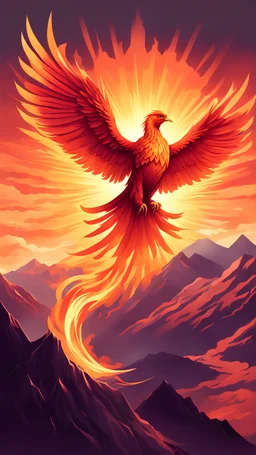 A majestic phoenix spreads its fiery wings, soaring above a mountaintop as the sun rises behind it. in digital illustration style