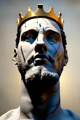 Ultra Realistic image, Roman sculpture, white marble material, Lionel Messi, gold crown of thorns, god crown, baroque ornaments, sun rays background, waist up portrait, epic, celestial, cinematic lighting, God lights, 4k resolution, smooth details, soft lighting, unreal engine 5, art station, substance 3d.