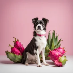 A dog sitting in front of a dragon fruit on a light background for removal