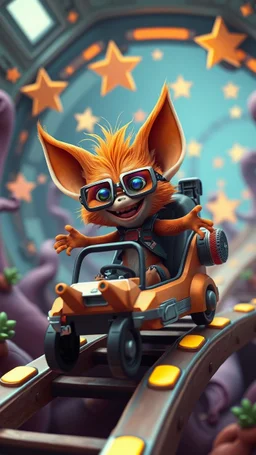 big ass space hairy hi tech alien cowboy gremlin orange laughing fox with glasses in tiny cart chair jumping round in space in a weird living space camper ship driving down weird twisted track in space station jungle, spell jammer, Pixar-inspired, expertly crafted in a whimsical and vibrant cartoon style. is masterfully rendered in a lifelike 3D design, which captivates viewers with there irresistible charm. The background is filled with warm, inviting colored stars and a 3D render