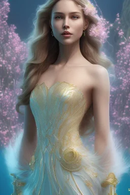 beautiful fashion elegant goddness of water, chic strapless dress, tropical sea background, character design, in the style of artgerm, and wlop, chanel jewelry, cinematic lighting, hyperdetailed, 8 k realistic, symmetrical, global illumination, radiant light, love and mercy, frostbite 3 engine, cryengine, dof, trending on artstation, digital art, crepuscular ray