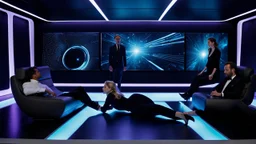 High angle shot from futuristic scene featuring three exhausted professionals in a high-tech office setting. The photograph captures the trio lying on the floor, with one man and two women displaying their fatigue. In the background three overturned black chairs lies down on the floor. showcases a mesmerizing holographic projection wall, displaying enchanting movie scenes that add depth and dimension to the scene. The sophisticated lighting system accentuates the futuristic ambiance