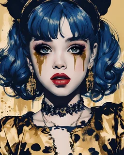 Poster in two gradually, a one side malevolent goth vampire girl face and other side the Singer Melanie Martinez face, painting by Yoji Shinkawa, darkblue and gold tones,