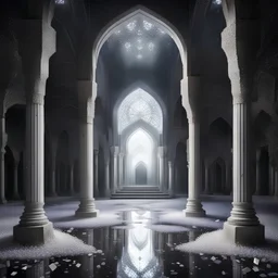 Hyper Realistic White Crystals Inside a Dark Abandoned Mosque with beautifully crafted pillars at Rainy night
